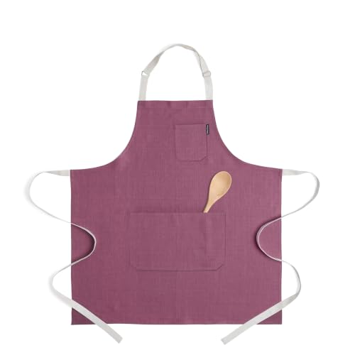 100% Pure Linen Kitchen Apron (Dusty Wine / Ivory / 33 X 30 Inch)