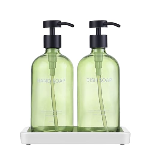 Glass Kitchen Soap Dispenser Set with Ceramic Tray (Green Bottles + Black Pumps)