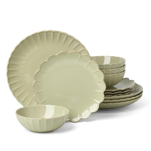 French Perle Scallop Matcha Stoneware 12 (12 Piece Dinnerware / Matcha)