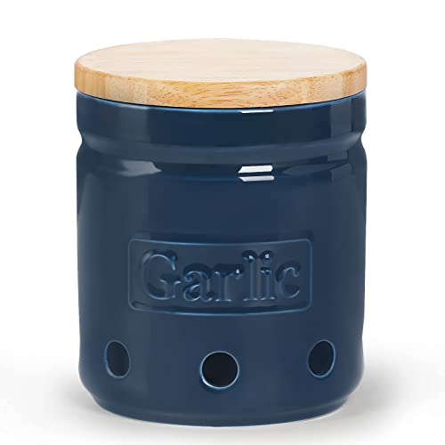 Garlic Keeper with Wooden Lid (Navy)