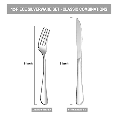 12 Pcs Silverware Set with 6 Steak Knives and 6 Dinner Forks (8.1-9.1inches Steak knife set-12p)