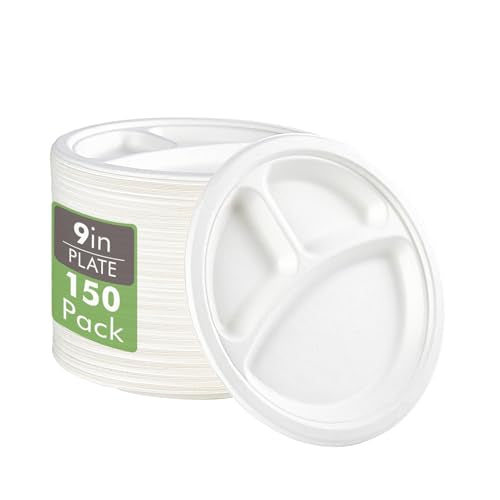 Compostable Paper Plates (3 Compartment 9 inch White)