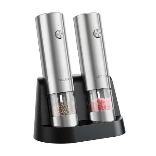 Electric Salt and Pepper Grinder Set Stainless Steel Spice Grinder Automatic Pepper Mills with Easy (Upgrade Silver)