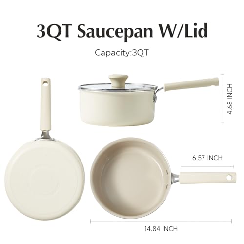 Ceramic Nonstick Saucepan with Lid (3 Quarts / Cream)