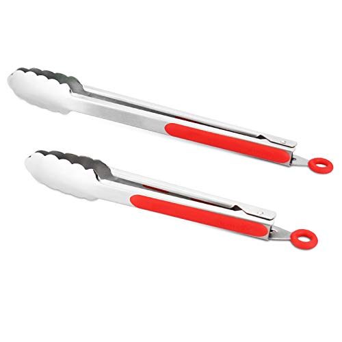 Premium 304 Stainless Steel Tongs Set (9" & 12" / Red)