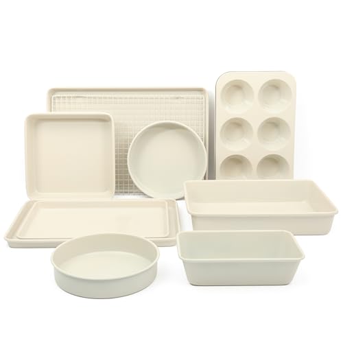 Gallen 10 Piece Baking Pans Ceramic PFA Free Non Toxic Non Stick Bakeware Set (Linen White / 10-Piece Bakeware Set)