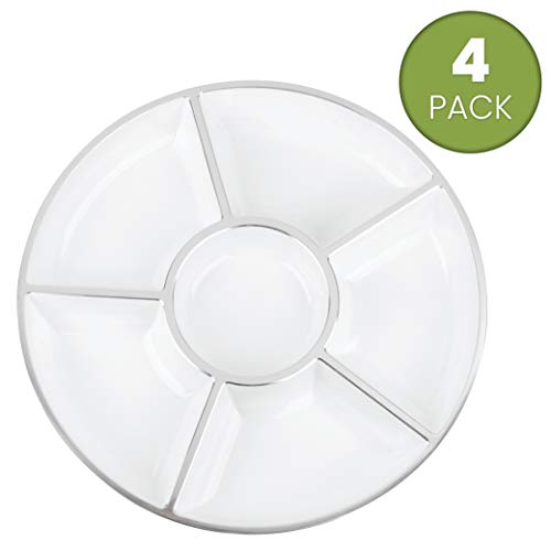 6 Sectional Round Plastic Serving Tray (White & Silver)