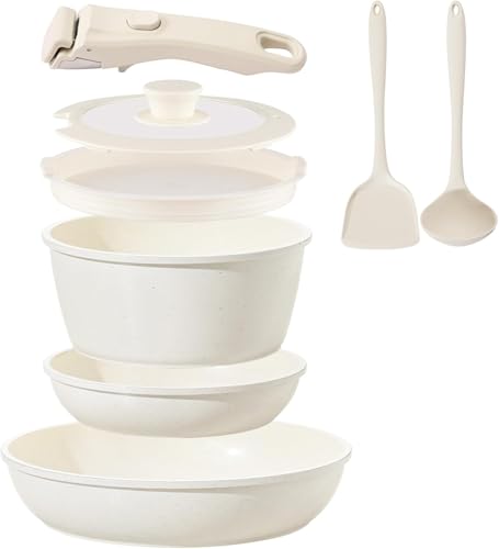 Ceramic Cookware Set Non Stick 8Pcs Pots and Pans Set Detachable Handle Induction Kitchen Cooking Set with Frying Pans Oven Dishwasher Safe (Cream White)