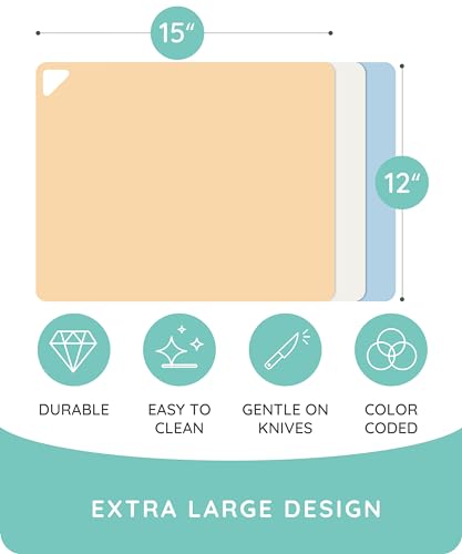 Extra Thick Flexible Cutting Boards for Kitchen (Beige / Blue / Yellow / 15"L x 12"W)