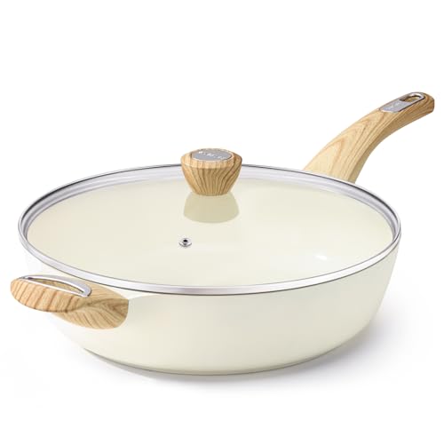 Ceramic Nonstick Frying Pan Skillet with Lid (6QT / 13.3IN / Ceramic White)