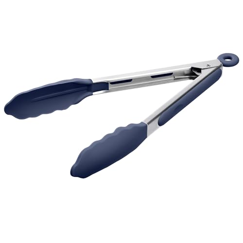 Kitchen Tongs with Silicone Tips for Cooking Serving (9in / Navy Blue)
