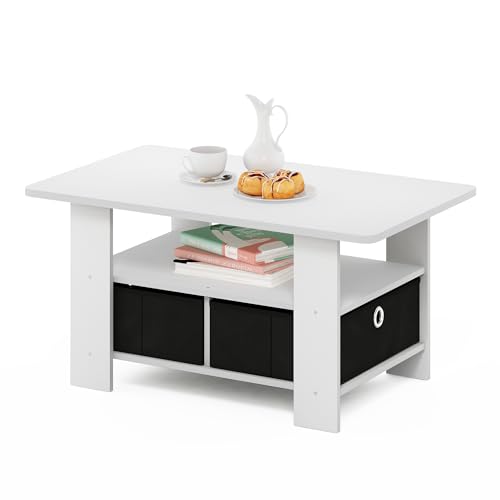 Andrey Small Modern Coffee Table with Storage Shelf (White/Black / 2 Bin)