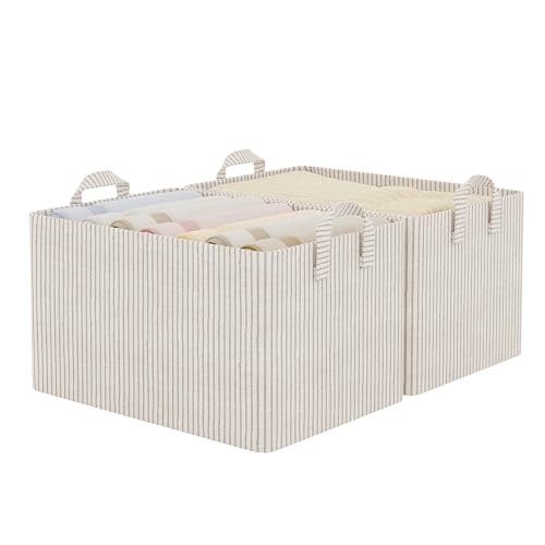 Closet Storage Bins (Khaki and Beige Stripes / 19" L x 13 ¼" W x 11" H)