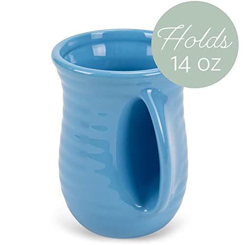 Ribbed 14 ounce Ceramic Stoneware Handwarmer Mugs Set of 4 (4 count / Ice Blue)