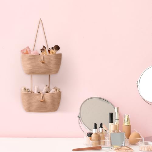 3 Tier Cotton Rope Baskets with Button Strap Over the Door Wall Hanging Baskets for Nursery (Jute / 3 tier+Button)