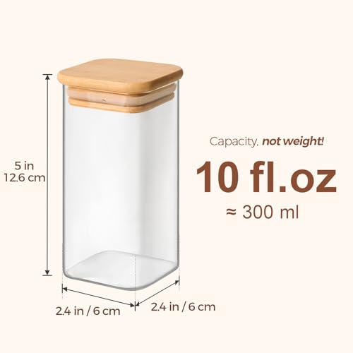 Square Glass Spice Jars with Labels 10 oz 6 Pack with Bamboo Lids (6 Count)