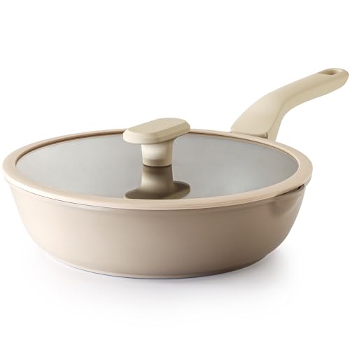 Nonstick Deep Frying Pan with Glass Lid (10 Inch / Natural Linen)