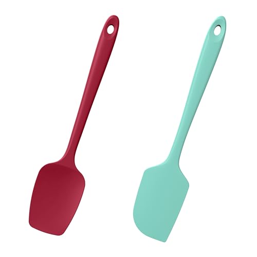 600°F Heat Resistant Silicone Spatula Spoonula (Flat & Spoon Spatulas / Aqua+Red)