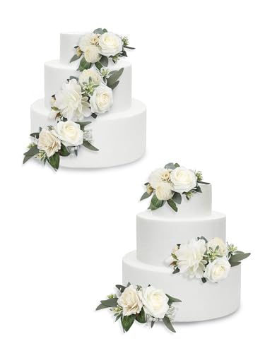 3Pcs Pre made Cake Flowers Toppers White Green Cake Decorations Wedding Cake Decorating Flowers Decor Birthday Baptism Party Cake Topper (3 Count)