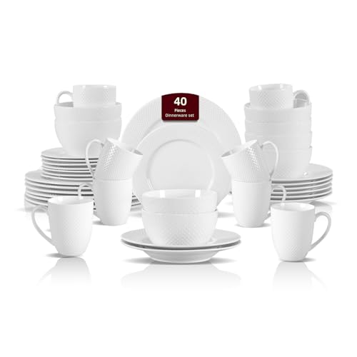 HomeVss New Bone China Embossed Rain Drops 40pc Dinnerware Set (Rain Drops / Service for 8 - 40pc Set)