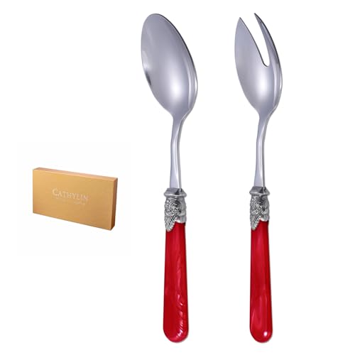 2 piece Salad Servers Stainless Steel Salad Serving Set Salad Fork and Spoon (Red)