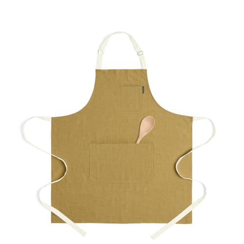 100% Pure Linen Apron (Mustard Gold / Ivory / 33 X 30 Inch)