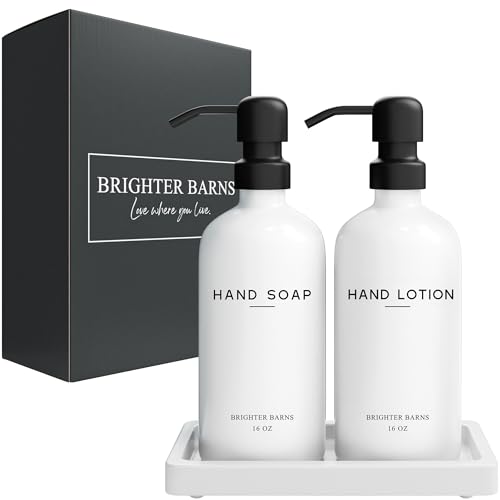 White Glass Soap and Lotion Dispenser Set with Tray by Brighter Barns (White Sl)