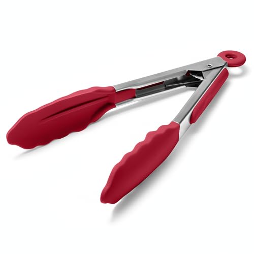Kitchen Tongs with Silicone Tips for Cooking Serving (7in / Red)