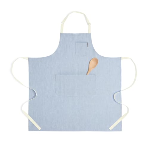 100% Linen Apron (Chambray Blue / Ivory / 39.5 X 37 Inch)