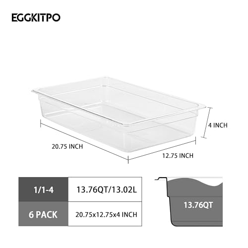 6-Pack 1/1 Size Food Pan 4 Inch Deep BPA Free Polycarbonate Food Storage Containers for Busy Kitchen Stackable Clear Hotel Pan for Buffet Party Supplies Dishwasher Safe (1/1 Size / 4" Deep)