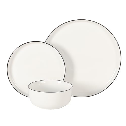 Oslo 12 Piece Porcelain Dinnerware Set (White w/ Black Rim (Oslo) / 12pc Dinnerware Set (Service for 4))