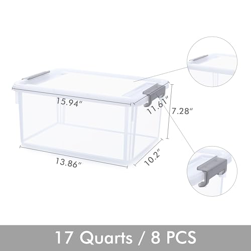 8 Pack 17 QT Clear Plastic Storage Bins with Latching Lids (Clear White / 8 PCS-17 QT)