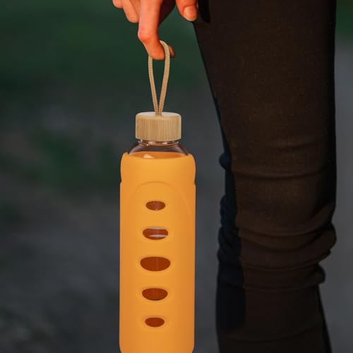 32 oz Narrow Mouth Glass Water Bottle with Windowed Silicone Sleeve (Orange)