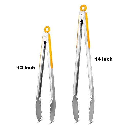304 Stainless Steel Kitchen Cooking Tongs (12" & 14" / Orange)