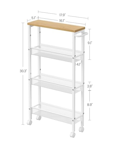 4 Tier Slim Rolling Storage cart with Wheels (Oak Beige + Classic White / 4 Tiers (5.1"D x 30.3"H))