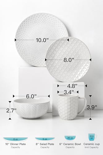 16 Piece Ceramic Dinnerware Set with Mugs (White-Mixed Embossment / Service for 4-16Pcs (with Mugs))