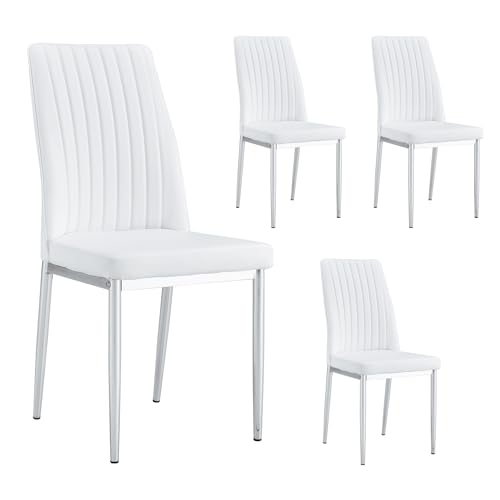 White Dining Chairs Set of 4 Modern Kitchen Chairs Set PU Leather Chair with Chrome Legs Armless Upholstered Chair for Dinner Room (S- White)