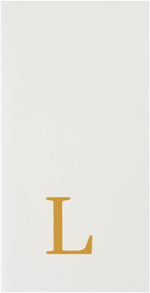 Luxenap 15.8 X 7.9 Inch Linen-Feel Guest Towels, 50 Lettered Hand Towels - Gold Letter 'L', Sans Serif Font, White Paper Dinner Napkins, airlaid, For Restrooms And Tables