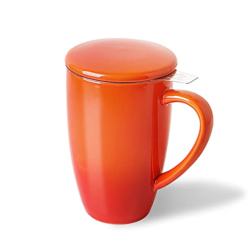 Sweejar Porcelain Tea Mug with Infuser and Lid (Gradient Orange / Tea Cup(16 Fl Oz))