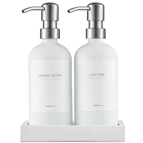 Soap and Lotion Dispenser Set (White Bottles Silver Pumps White Tray)