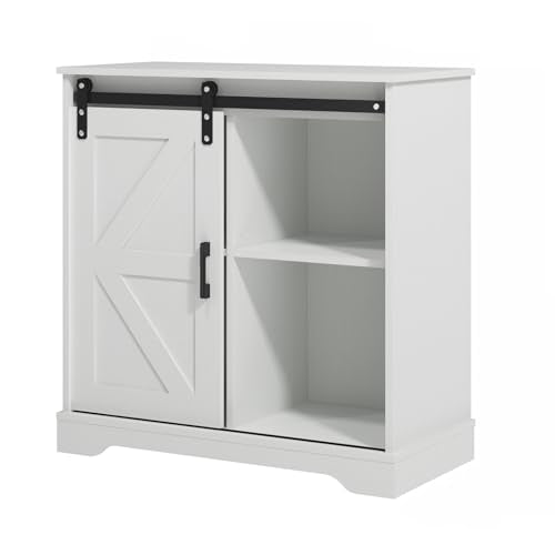 Sliding Barn Door Buffet Sideboard Storage Cabinet Coffee Bar Kitchen Farmhouse Style (White)