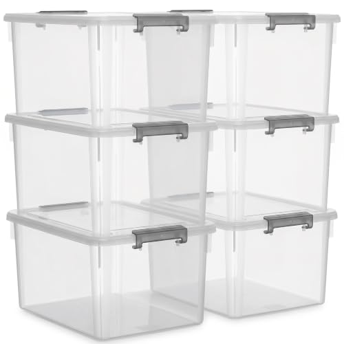 6 Packs 32 QT Plastic Storage Bins with Lids Large Stackable Storage Containers for Organizing Clear Storage Box for Garage (32 Qt - 6 Packs / Clear White)