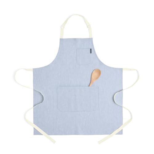 100% Linen Apron (Chambray Blue / Ivory / 33 X 30 Inch)