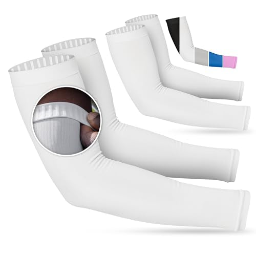Non Slip Cooling Arm Sleeves for Men & Women (2 Pairs: White / One Size)