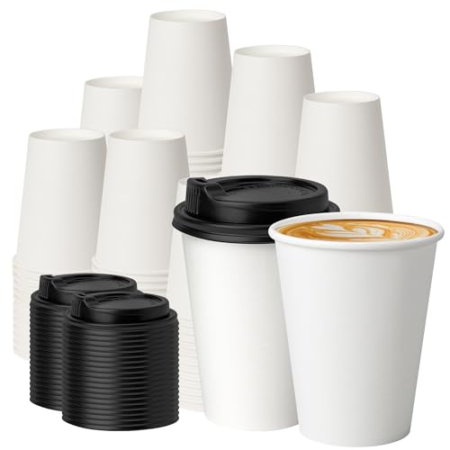 100 Pack 12 oz Disposable Coffee Cups with Lids (White / 12 oz)