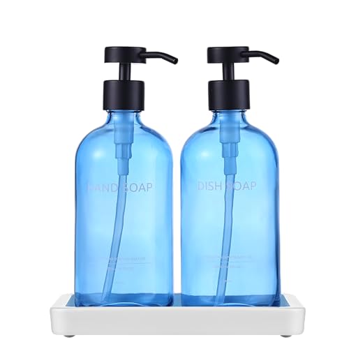 Glass Kitchen Soap Dispenser Set with Ceramic Tray (Blue Bottles + Black Pumps)