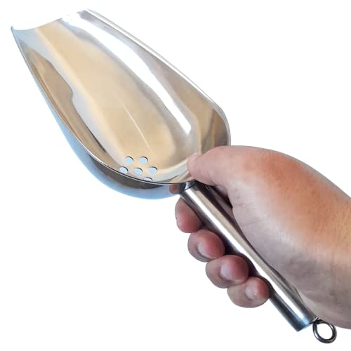 Large Ice Scoop with Holes. Stainless Steel Ice Scoop with Drain Holes to Reduce Unwanted Dilution. Heavy Duty and Dishwasher Safe. Six Ounce Capacity