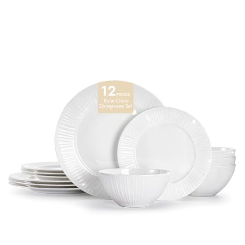 12Pc Textured White Bone China Set Service for 4 (White-striped / service for 4-12pcs)