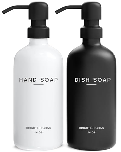 Luxury Glass Hand and Dish Soap Dispenser Set by Brighter Barns (Black White Hd)