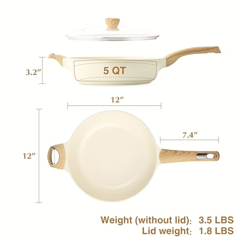 Ceramic Nonstick Frying Pan Skillet with Lid (5QT / 12IN / Ceramic White)